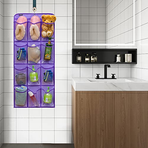 Dual Sided Hanging Shoe Organizer for Closet with Rotating Hanger Hanging Shoe Rack Holder with 24 Large Pockets (Purple-Clear Pockets) - color: PURPLE