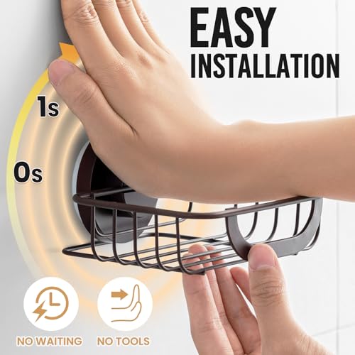 Soap Holder Dish with Hooks for Shower, Bar Suction Cup Soap Tray Wall Mounted, Rustproof Stainless Steel Sponge Holder Caddy for Bathroom Bathtub Kitchen Sink, Brown (Pack of 2) - color: Brown, size: 1 Tire (Pack of 2)
