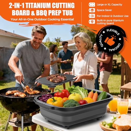 Collapsible BBQ Prep Tubs with Titanium Cutting Board, Large-Capacity（5.3Gal/20L）Barbecue Utensils, with Locking Lid, Strong Sealing and Leak-Proof Design. Suitable for Kitchen and Outdoor.
