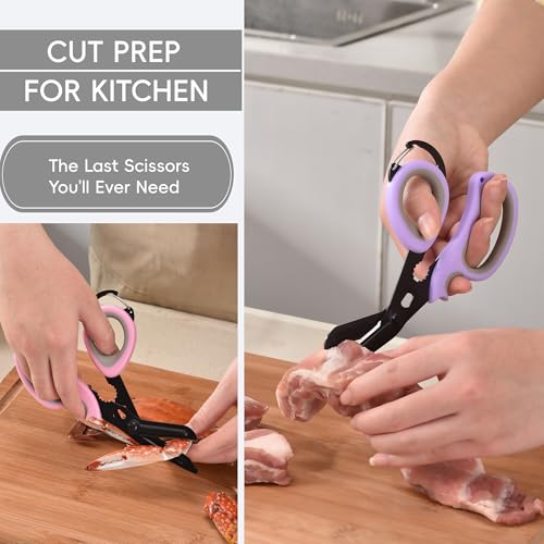 MEUUT All Purpose Scissors 2 PCS with Carabiner for Kitchen Outdoor | 7.5-inch heavy duty all purpose, Ambidextrous, micro-serrated stainless steel blades, integrated O2 wrench, soft rubber grip - color: Pastel Pink+pastel Purple