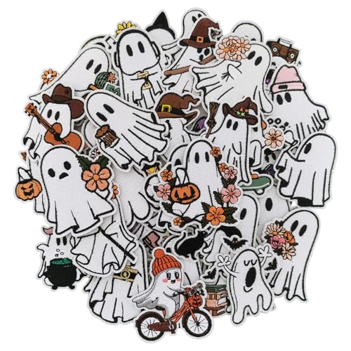50 Pcs Ghost Iron On Patches, Halloween Embroidered Appliques - Cute Pumpkin & Boo Ghost for Clothes, Hats, Backpacks, Jackets (50 Pcs) - color: Halloween Ghost - 50Pcs