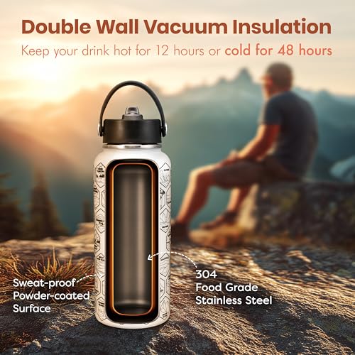 National Parks White Water Bottle with Durable Stickers – 32oz Insulated Stainless Steel Water Bottle with Spout Lid – Insulated for Cold and Hot Drinks – Metal Bottle for Gym, Hiking, Campinghite - color: White