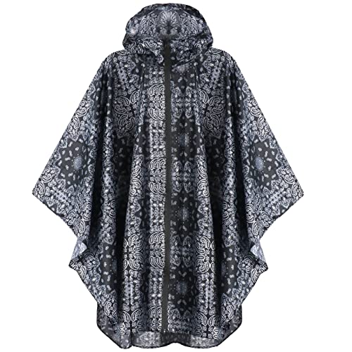 ANYOO Waterproof Rain Poncho Lightweight Reusable Hiking Hooded Coat Jacket for Outdoor Activities - color: Black Flower
