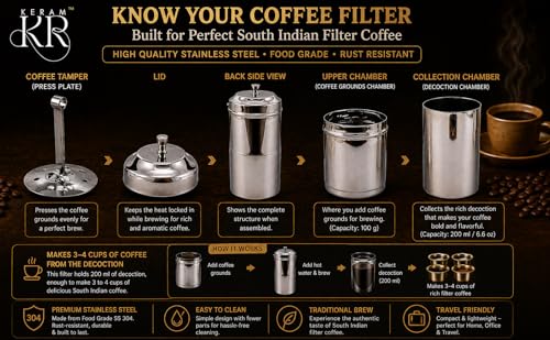 South indian filter coffee maker indian style 5.1 oz (150 ml) | KERAM indian coffee filter 304 stainless steel coffee dripper reusable phin filter decoction maker pour over alternative - size: 150 ml