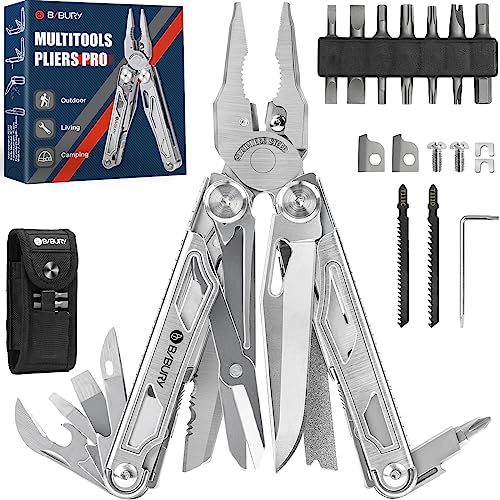 BIBURY 31-in-1 Multitool Pliers Pro,EDC Pocket Knife & Scissors-BI2045 | Stainless Steel Multi Tool with Screwdriver, Replaceable Wire Cutters, Saw, Ideal for Survival,Camping,Repair, Gifts for Men - color: Silver