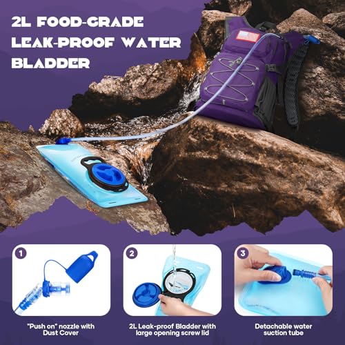 Maelstrom Lightweight Hydration Hiking Backpack with 2L/3L Water Bladder | BPA-free, High Flow Bite, Insulated Compartment, Reflective Strip, Utility Pockets, Perfect for Running, Cycling, Marathon - color: 5.Purple, size: 2L Bladder