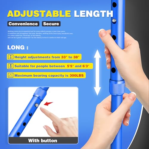 BigAlex Folding Walking Cane with LED Light,Pivoting Quad Base,Adjustable Walking Stick with Carrying Bag for Men/Women - color: Blue(5'5"-6'3")