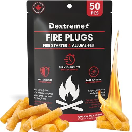 Dextreme Fire Plugs Waterproof Fire Starter for Campfires, Emergencies, Survival, Fire Pits, Grills | 5+ Minute Burn | All Natural | Made in North America - size: 50 Fire Plugs