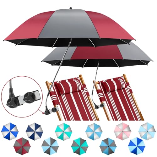 2 Pack Beach Umbrella with 360 Universal Clamp, UPF50+ Umbrella Outdoor Patio Sun Protection for Chairs, Beach &Patio Use (Not Include Chair) - color: Grey / Wine Red