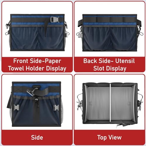 FANGSUN Grill Caddy, Foldable BBQ Caddy with Paper Towel Holder, Blue | 11 Compartments, Easy-Clean Aluminum Interior, 1680D Oxford Fabric, Water-Resistant, Shoulder Strap Included, Tailgating - style: Navy