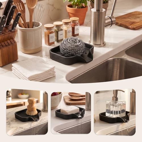 MicoYang Silicone Soap Dish with Drain Spout, Self-Draining Sink Organizer Tray for Bathroom and Kitchen, Sponges, Dispensers and Soap Holder, Non-Slip and Dishwasher Safe, Black (Compact, 4.9"×3.2") - color: Black, size: S(4.9"×3.2")