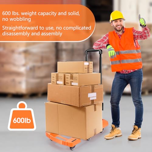 Voipvvii Folding Hand Truck500lbs, Portable Heavy Duty Dolly Cart, 6 Wheels Collapsible Luggage Cart with 2 Elastic Ropes - Compact Trolley Cart for Easy Moving - Ideal Hand Cart for Travel and More - color: Orange