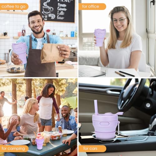 Collapsible Travel Cup - Lilac,16oz/450ml，Leak-Proof Reusable To-Go Pocket Size Silicone Bottle for Hot & Cold Drinks - Camping & Hiking - Dishwasher Safe- Straw included