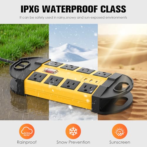 HHSOET Outdoor Weatherproof 8 Outlet Power Strip, IPX6, Yellow, 6FT | Outdoor Power Strip, IPX6 Waterproof Surge Protector, 2 USB-A 1 USB-C Ports, for Outdoor Patio Garden Porch Garage - color: Yellow, size: 6ft