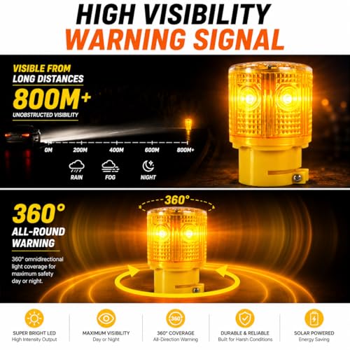 Solar Strobe Warning Light, Bright LED Safety Beacon, Auto On/Off Solar Flashing Light, IP65 Waterproof Emergency Warning Lamp for Construction, Dock, Factory, Traffic, Marine & Road Safety (Yellow) - color: Yellow