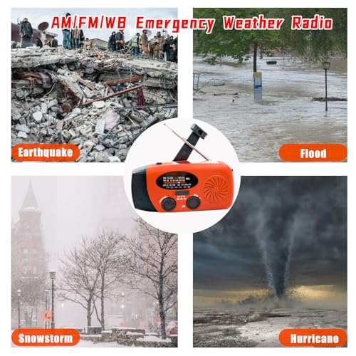 Portable 2000mAh Hand Crank Emergency Solar Panel SOS Weather Radio, Self-Powered 7 NOAA Channels Emergency Radio, WB/AM/FM Radios with Reading Lamp (Orange) - color: Orange