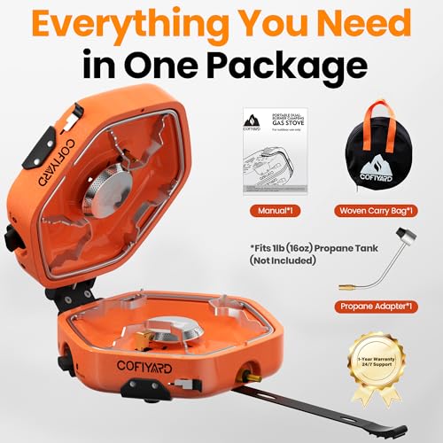 Cofiyard Propane 2 Burner Camping Stove with Carrying Bag, Portable Folding Gas Stove for Camping, Backpacking Camp Stove for Outdoor Cooking with 17,000 BTU Adjustable Burners for BBQ, Tailgating - color: Tangerine