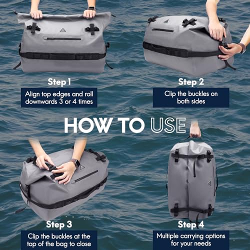 Haimont IPX7 Waterproof Roll-Top Dry Duffel Backpack | 60L/90L Sizes, 500D Tarpaulin, Welded Seams, Mesh Pockets, Boating & Kayaking - color: Light Gray, size: 90L