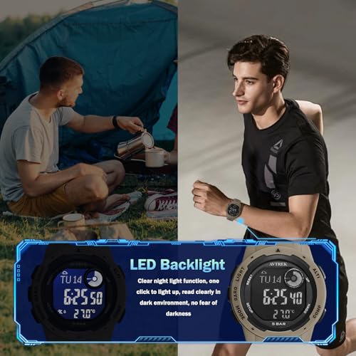 AVTREK Tactical Watch with Compass Pedometer,50M Waterproof-2003 | Digital Altimeter Watch for Outdoor Hiking/Climbing/Walking - color: Cafe