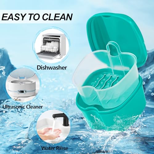 2 Pack Denture Bath Case Cup with Lid and Strainer Basket, Retainer Cleaner Case Dental False Teeth Container with 2 Travel Brushes, Lake Green and Dark Blue - color: Lake Green & Dark Blue