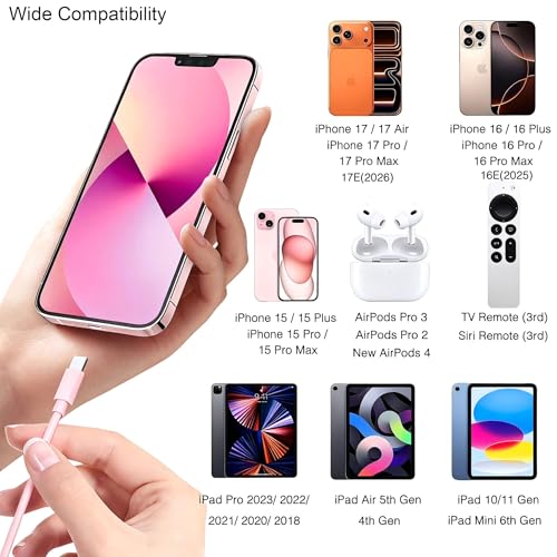 1.5FT Short Pink Cute iPhone 17/16/15 Car Carplay Cable Compatible for iPhone 17/16/15 Pro Max,17E/16E/Plus, USB A to USB C Cable for iPad 10th/11 Gen,iPad Pro 12.9,Air 5th/4th Charging Cable Cord - color: pink, size: 1.5FT, style: USB A to USB C (for 17/