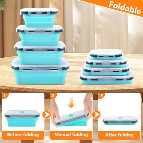 8 Pack Collapsible Food Storage Containers with Lid & Air Vent, 4 Rectangular and 4 Round Foldable Collapsible Storage Containers Sets, Lunch Bowls for Travel, Microwave Freezer Dishwasher Safe - color: Blue (4 Round Mixed oz + 4 Rectangle Mixed oz)