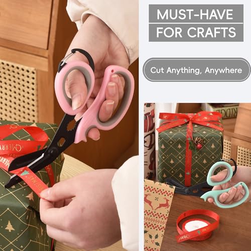 MEUUT All Purpose Scissors 2 Packs with Carabiner for Kitchen Outdoor | 7.5-inch heavy duty all purpose, Ambidextrous, micro-serrated stainless steel blades, integrated O2 wrench, soft rubber grip - color: Pastel Pink+pastel Green