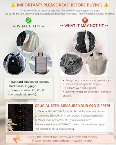 VICHERIA Universal Zipper Repair Kit (200 Pcs) - Fixes Common Zippers on Bags, Jackets, Luggage | Includes #3#5#8#10 & YKK-Compatible Sliders 【 Check Compatibility in Images】