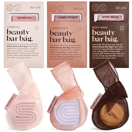 Kitsch Soap Saver Bag – Patented Mesh Bag Soap Holder – 3pc Set | for Shampoo and Conditioner Bars – Extends Use & Prevents Soggy Mess – Recycled Beauty Mesh Pouch, Eco-Friendly - color: Blush, Terracotta & Chocolate