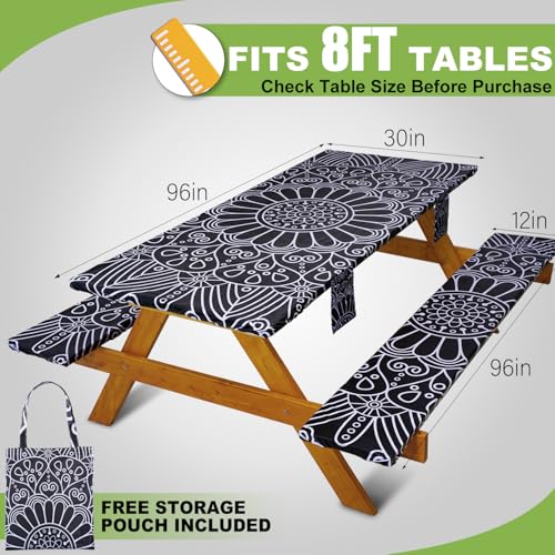 Picnic Table Cover with Bench Covers Vinyl Elastic Edges Fitted Rectangle Tables Seat Waterproof 3-Piece 96X30in Set Outdoor Rectangular Folding Backing Tablecloth Camping Over Size BlackMandala - color: Black Mandala, size: 96in