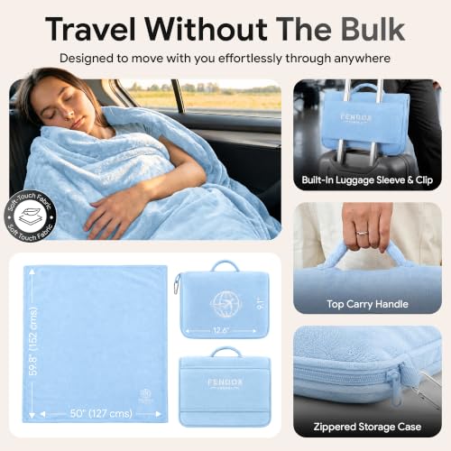 2-in-1 Travel Blanket and Pillow – Lightweight, Compact, Ultra Soft, Machine Washable – Handle, Luggage Sleeve, Backpack Clip – for Travel Airplane, Car, Office (Light blue) - color: Light Blue