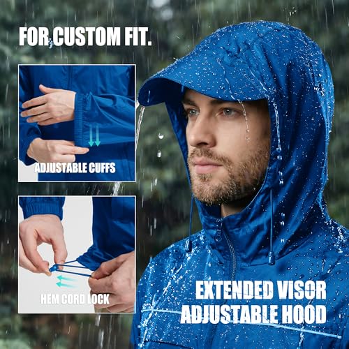 ZITY Mens Rain Jacket with Lining Waterproof Lightweight Rain Coats Packable Hooded Windbreaker for Hiking Golf Cycling - color: Blue, size: Medium