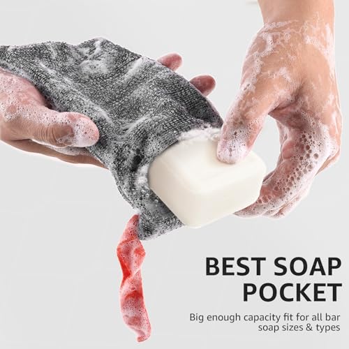 Soap Saver Bag 2 Pack, Exfoliating Bar Soap Holder Pouch Case | Grey/Black | Reinforced Inner Lining Helps Keep Soap Firm | Travel Soap Case | Loofah Lather for Men & Women | Gift Ready
