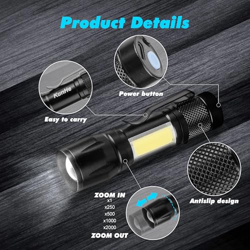 KunHe 4 Pack Rechargeable Flashlights Zoomable mini Small Bright Clip-On Light EDC Flash Light with Side COB Light for Camping Home Emergency - size: 4 Pack