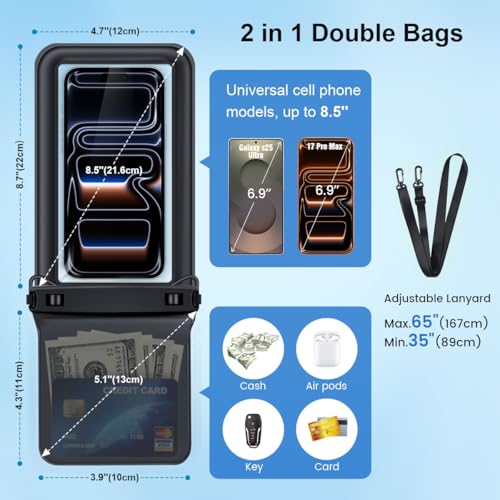 Rynapac Double Space Floating Waterproof Phone Pouch [Up to 8.5''], 2 Pack - color: Black & Orange