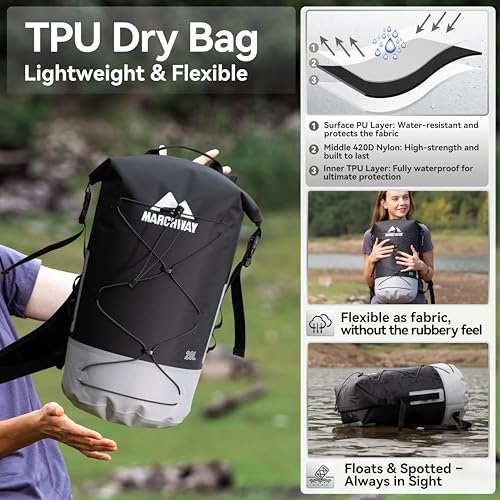 MARCHWAY Floating Roll Top Dry Bag, Flexible Lightweight TPU-coated Nylon Waterproof Backpack 20L/30L/40L with Padded Straps for Boating, Kayaking, Swimming, Hiking, Beach (Black, 40L) - color: Black, size: 40L
