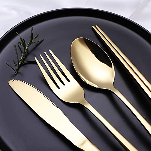 Portable Stainless Steel Flatware Set, Travel Camping Cutlery Set, Portable Utensil Travel Silverware Dinnerware Set with a Waterproof Case (Gold) - color: Gold