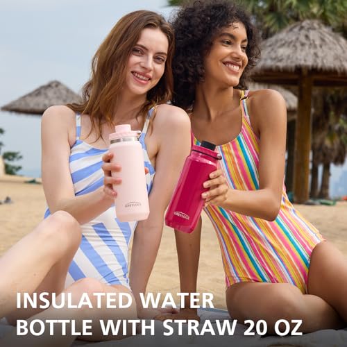 Greylock 20 oz Insulated Water Bottle with Straw Lid, Reusable Stainless Steel Sports Water Bottles with Foldable Handle, Leak Proof, Double-Wall Vacuum Insulation, 24 Hours Cold(Raspberry Ridge) - color: Raspberry Ridge, size: 20 Ounces