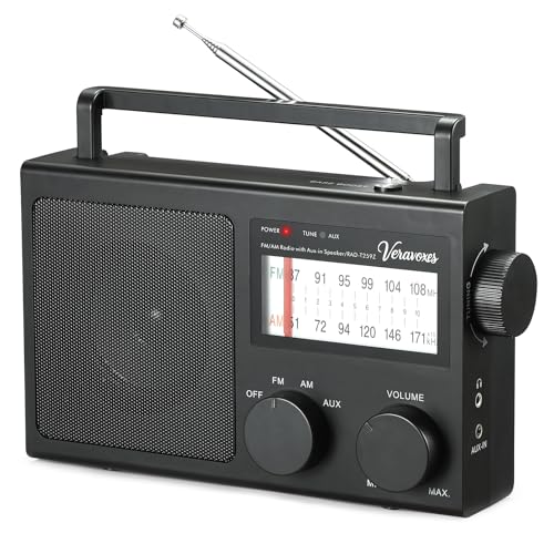 Portable AM/FM Radio with Bass Control, Equipped with a Built-in high-Power Speaker, Headphone Jack, and AUX Audio Input, Supports Battery or AC Power Operation (Black) - color: Black