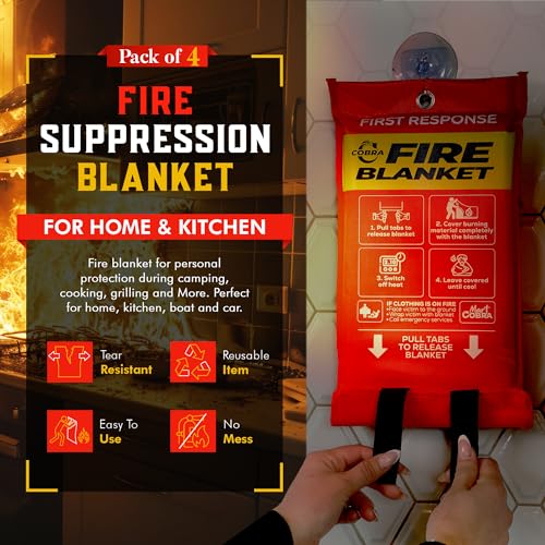 Mart Cobra Emergency Fire Blanket for Home & Kitchen 4-Pack Safety | Fiberglass Extinguisher Grease Stove Reusable Protection Preparedness RV Car Fireproof Retardant Resistant Suppression - size: [4 Pack] Fire Blanket