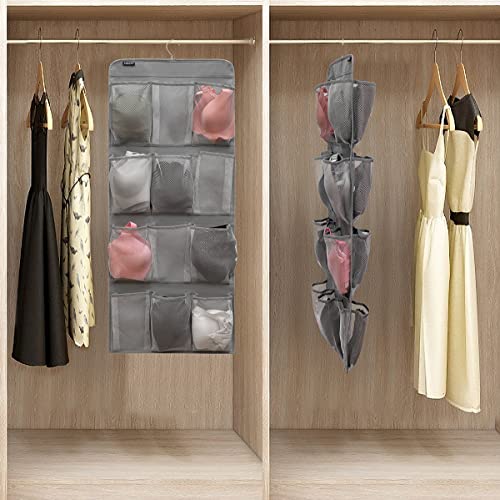 Dual Sided Hanging Shoe Organizer for Closet with Rotating Hanger Hanging Shoe Rack Holder with 24 Large Pockets (Grey-Mesh Pockets) - color: GREY-MESH
