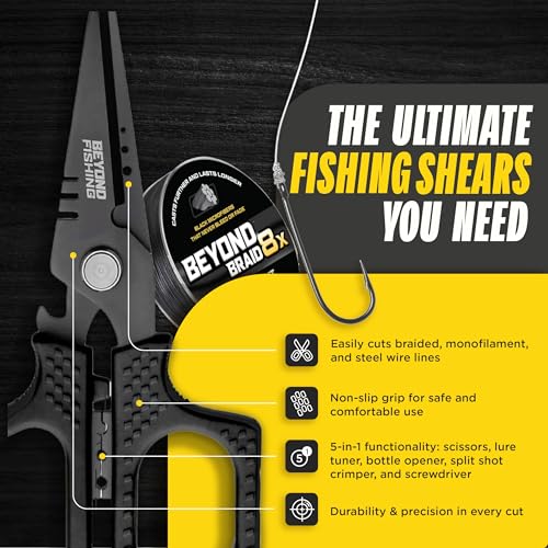 Beyond Fishing 6.5" Pro Fishing Shears Dual Serrated Blades, Fishing Braided Line Scissors with Titanium Coating, Non-Slip Grip & Multifunction Tool, Includes Hard Molded Locking Sheath - color: Pro - Black