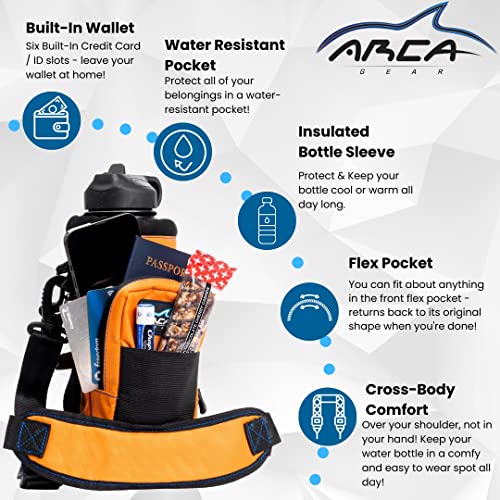 Arca Gear 40 oz Hydro Carrier - Insulated Water Bottle Sling w/Carry Handle, Shoulder Strap, Wallet and Two Pouches - The Perfect Flask Accessory (Sunrise Orange) - color: Sunrise Orange