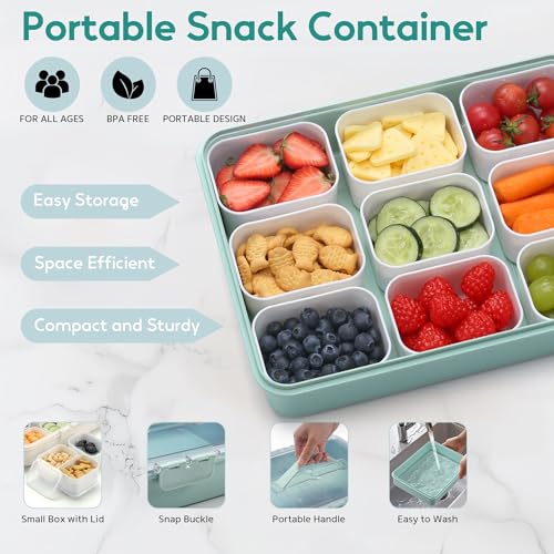 Snackle Box Container for Adults with 9 Compartment, Divided Serving Tray Snack Box Containers with Lid and Handle, Charcuterie Boxes Portable Snack Platter for Fruit Veggie Party Travel, Green - color: Green