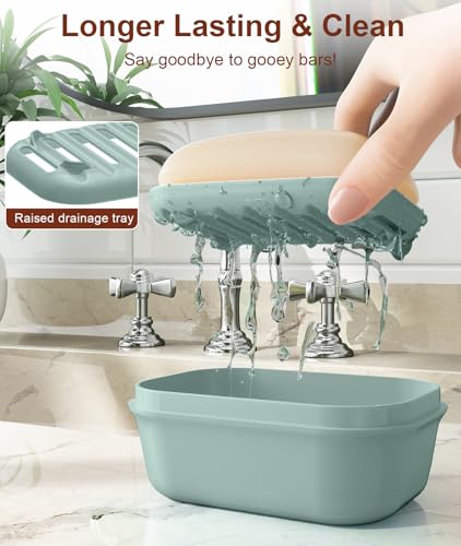 Quatish Leakproof Soap Dish with Lid & Draining Layer, Shatterproof Travel Bar Soap Holder Case Container, Portable Travel Size Toiletries Essentials for Camping, Gym, Bathroom, Greygreen - color: Greygreen, size: Medium