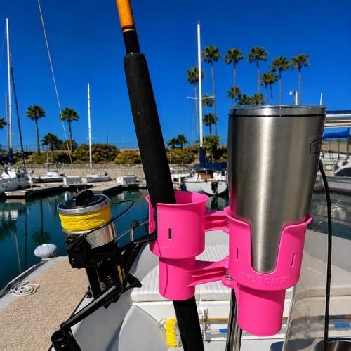 ROBOCUP, (Hot Pink), Patented Clamp On Boat Cup Holder |Multifunction Dual Drink Caddy for Fishing Poles, Tools, Net, Gaff |Portable Storage for Boating, Beach, Umbrellas, Golf Carts, Strollers - color: Hot Pink, size: Standard Spring