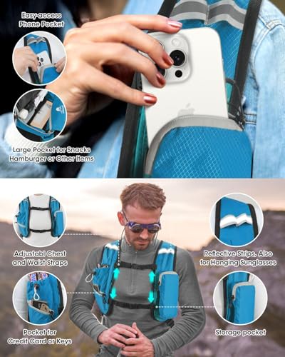 Foldable Small Hiking Backpack with 3 Strap Pockets – Lightweight 300D Spill-proof Daypack for Men Women – Packable Small Travel Backpack with Chest Strap & Trekking Pole Holder – Durable Outdoor Bag - color: Bluegreen-