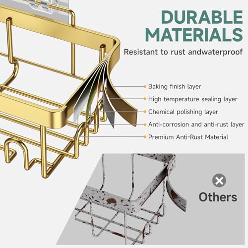 Veken Adhesive Shower Caddy 6-Pack,Gifts for Women Mom,Heavy Weight Bearing,Large Wall Mounted Bathroom Shelves Rack,Organizer Storage Accessories with Soap Dish&Toothbrush Holder,Bright Gold - color: Bright Gold