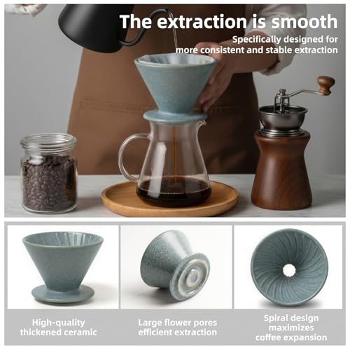 DIF DECO Ceramic Pour Over Coffee Dripper, Reusable Porcelain Portable Pour Over Coffee Maker, Slow Brewing Accessories with 1 Holes for Home, Office, Travel, Camping (Blue) - color: Blue