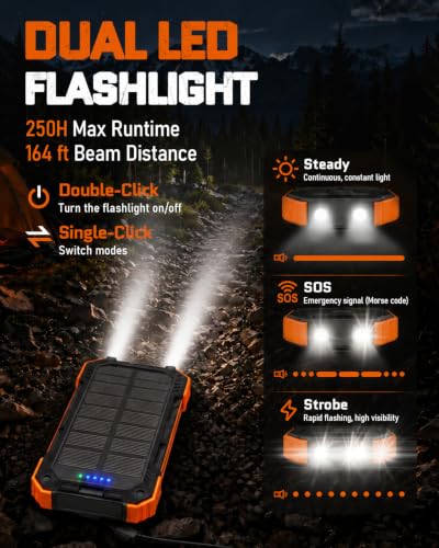 Solar Charger Power Bank - 49800mAh Solar Phone Charger with USB-C in/Output, QC 3.0 Fast Charging with LED Flashlight, Built-in 4 Cables, IP65 Waterproof Fits for Outdoor (Bright Orange)